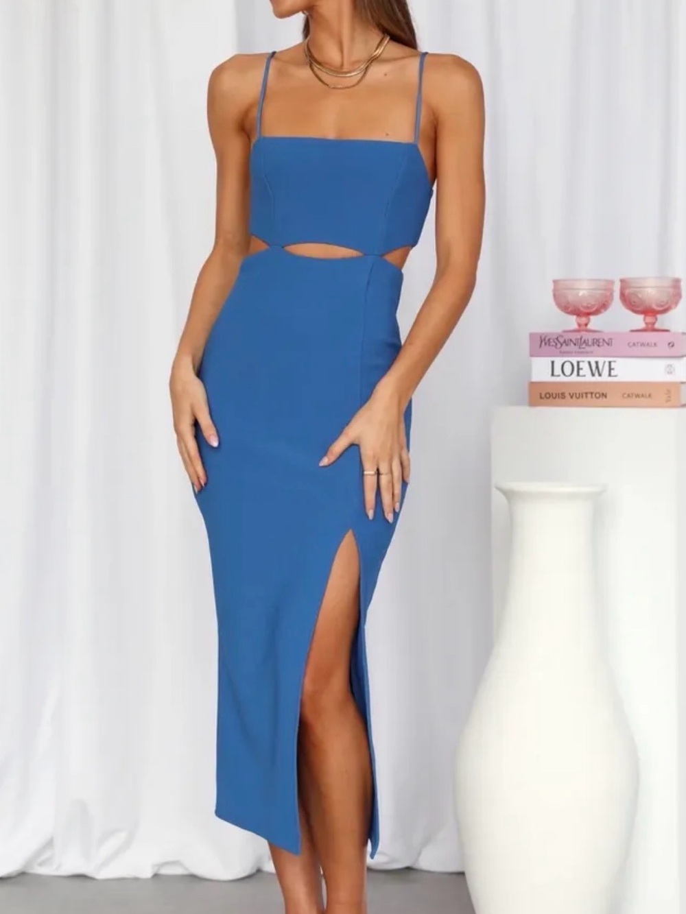 Hello Molly Blue Cutout Midi Dress with Side Slit